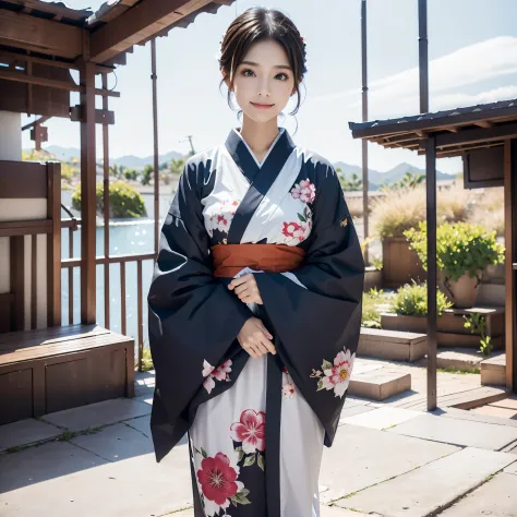 (Super beautiful woman in kimono)、((best qualtiy、8k masterpieces:1.3))、(White kimono)、(with floral pattern)、foco nítido:1.2、(ult...