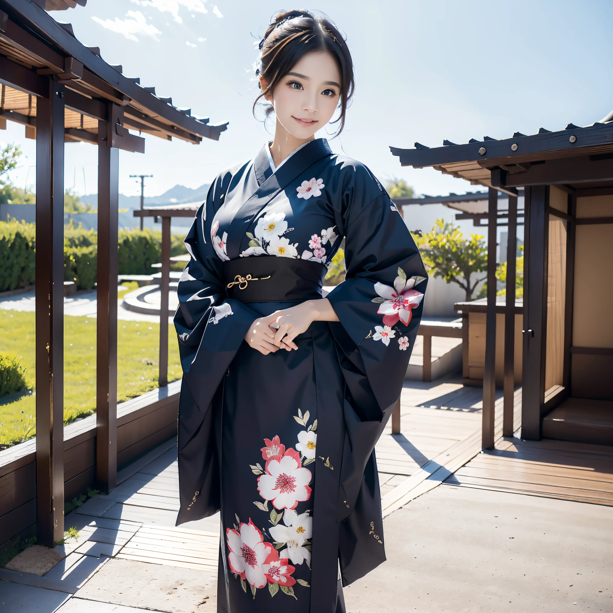 (Super beautiful woman in kimono)、((best qualtiy、8k masterpieces:1.3))、(White kimono)、(with floral pattern)、foco nítido:1.2、(ultra beautiful faces:1.0)、(shinny skin:1.0)、photos realistic、、from the front side、medium breasts、With a happy smile、Slender Abs Beauty、Whole body、wearing kimonos、