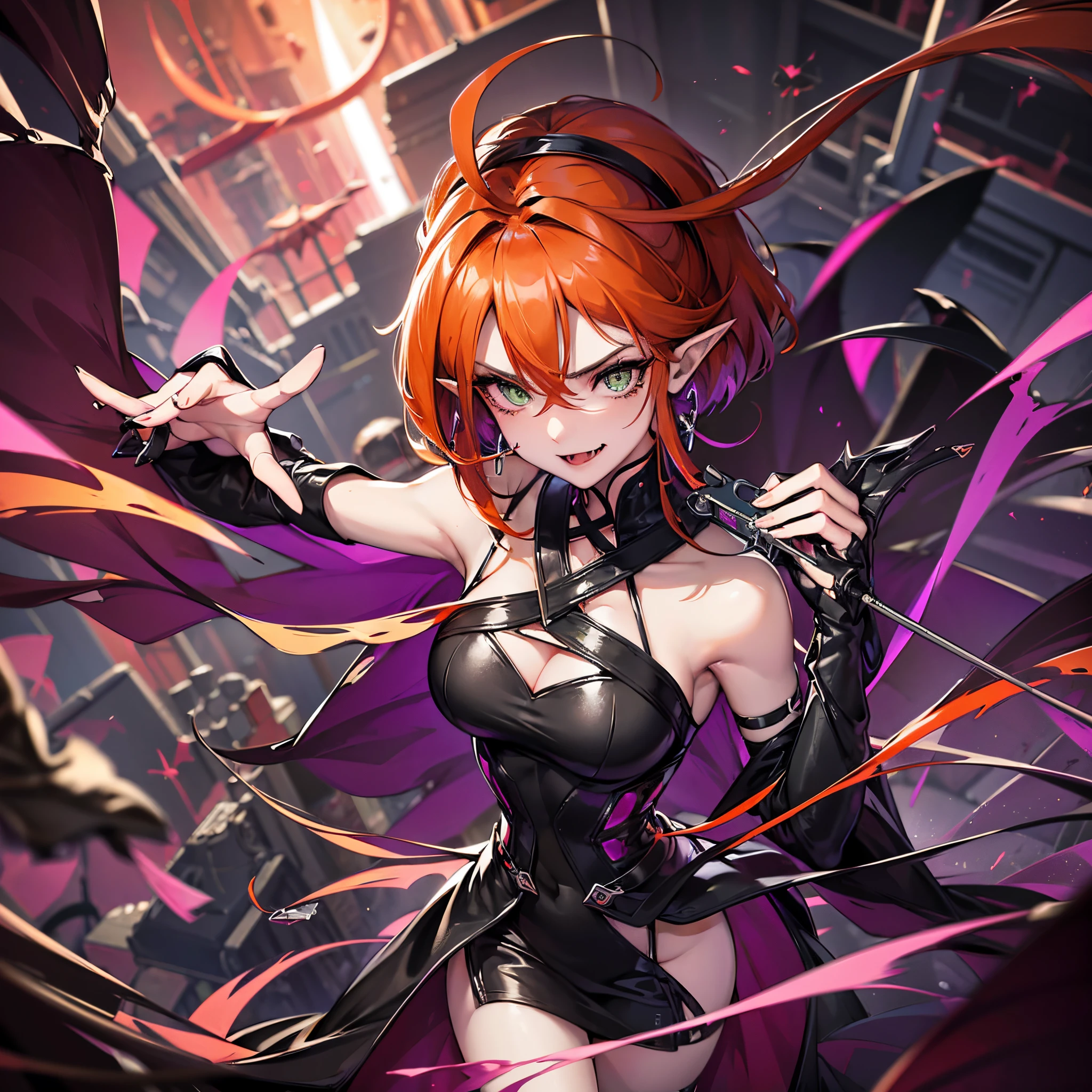 (1 girl, solo, mature woman), medium breasts, diamond-shaped boob window, tall woman, black elegant long dress, futuristic elegant dress, sleeveless dress, glitter on dress, ((orange hair, ahoge)), hair between eyes, short hair, straight hair, crystal hair, clover hair ornament, black hairband, scar across eye, jewellery, x-shaped pupils, glowing eyes, green eyes, furrowed brow, crescent earrings, pointy ears, evil smile, crazy, fang, fang out, empty alleyway in background, Pixar, high detail, anaglyph, blurry, anatomically correct, best quality, 8k, masterpiece