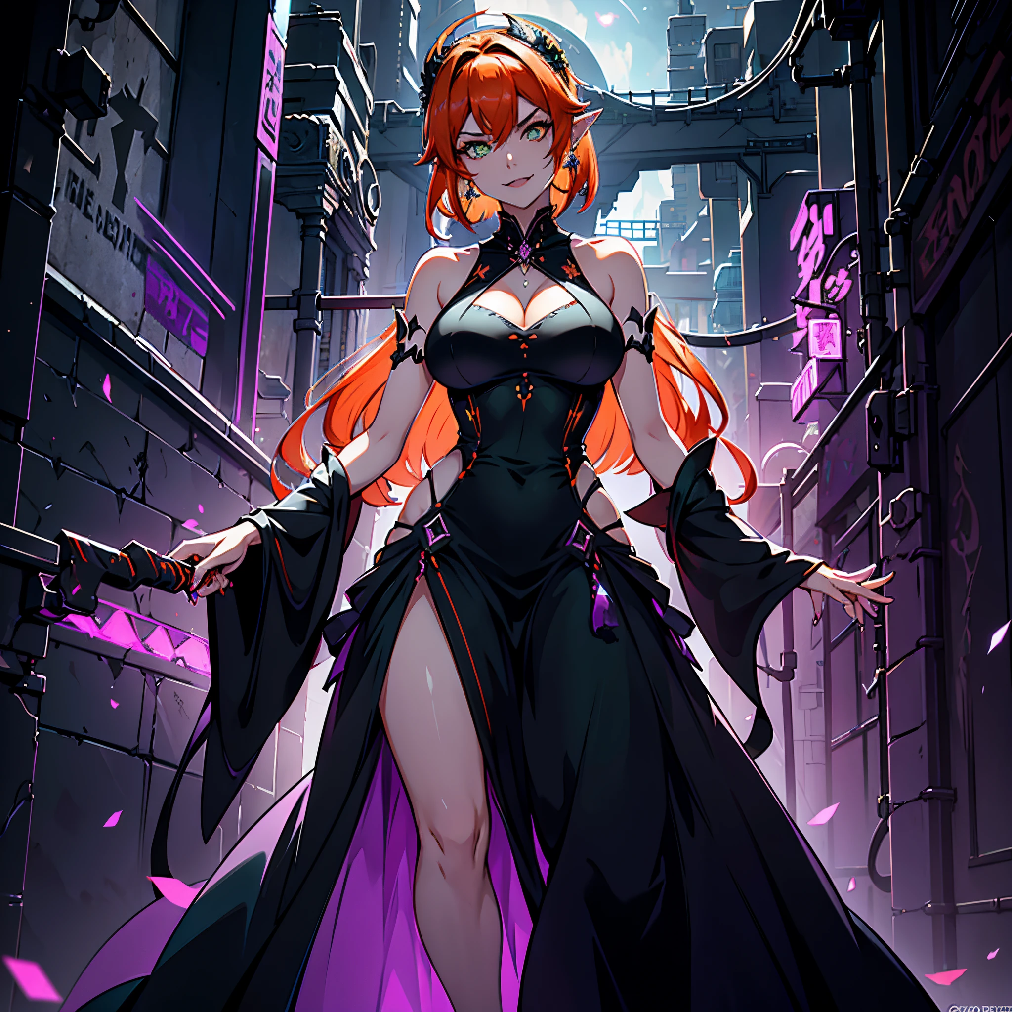 (1 girl, solo, mature woman), medium breasts, diamond-shaped boob window, tall woman, black elegant long dress, futuristic elegant dress, sleeveless dress, glitter on dress, ((orange hair, ahoge)), hair between eyes, short hair, straight hair, crystal hair, clover hair ornament, black hairband, scar across eye, jewellery, x-shaped pupils, glowing eyes, green eyes, furrowed brow, crescent earrings, pointy ears, evil smile, crazy, fang, fang out, empty alleyway in background, Pixar, high detail, anaglyph, blurry, anatomically correct, best quality, 8k, masterpiece