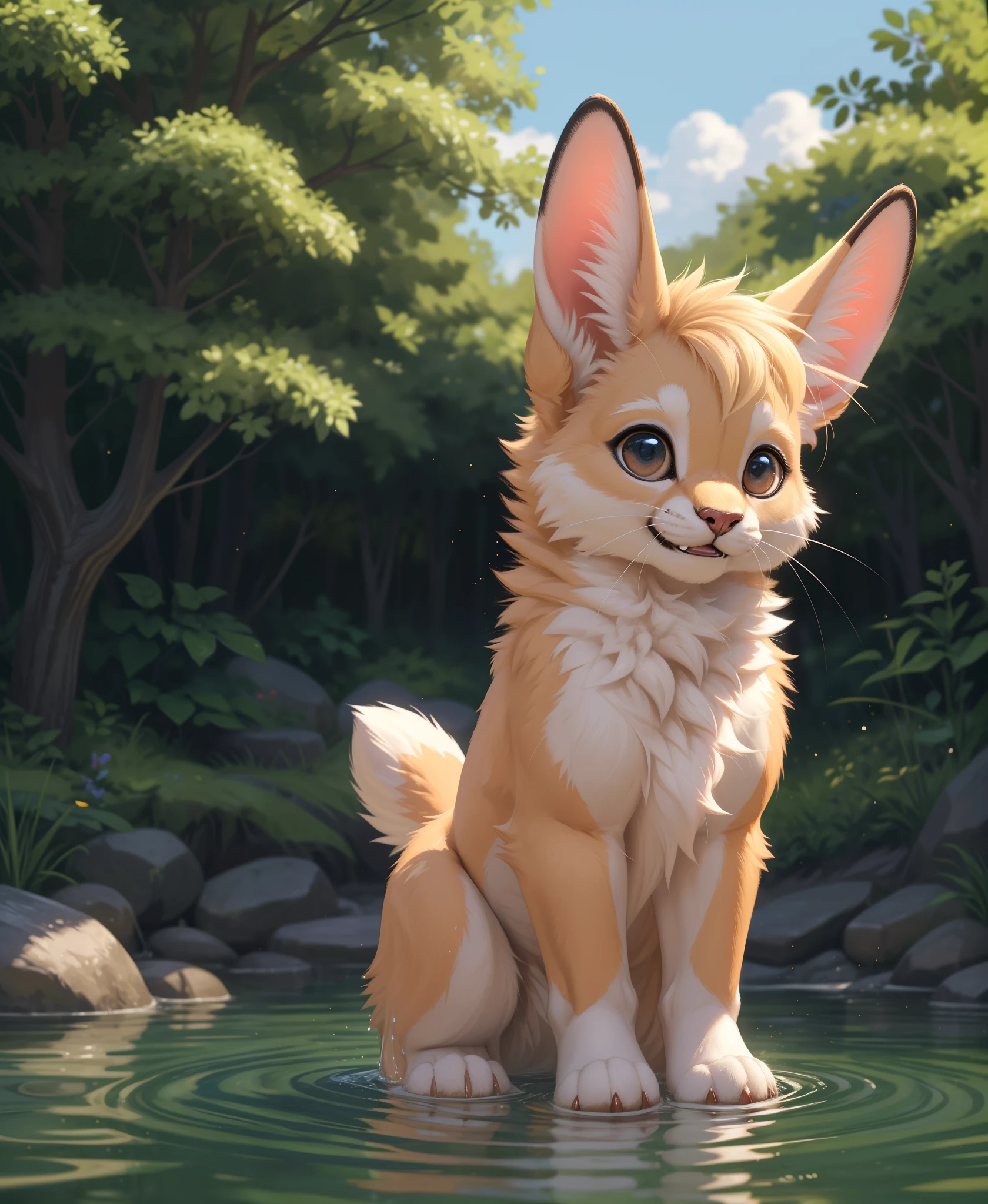 (best quality,4k,8k,highres,masterpiece:1.2),ultra-detailed,(realistic,photorealistic,photo-realistic:1.37),cute happy bunny, rabbit ,soft fur,lively eyes,playful water droplets,fuzzy, tremendously fluffy,shiny wet fur,enjoying the water, adorable expression,vibrant colors, whiskers twitching, sparkling eyes,wet nose,