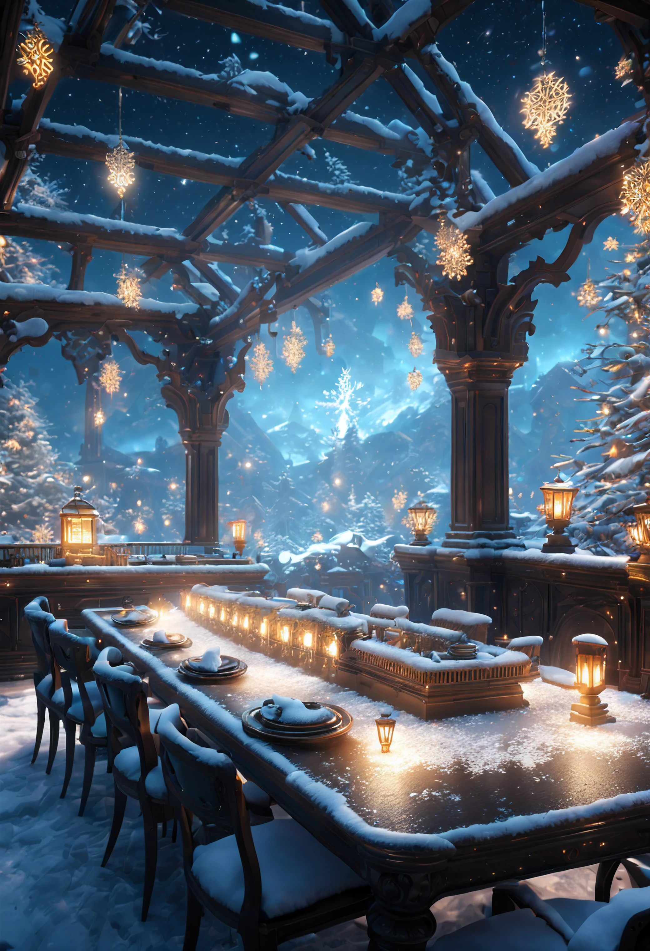 (best quality, masterpiece, Representative work, official art, Professional, unity 8k wallpaper:1.3),Ultra-wide-angle, octane render, Enhance, intricate, 

BREAK, 

luminescent shining snowflakes,very dark wonderland,magical winter.