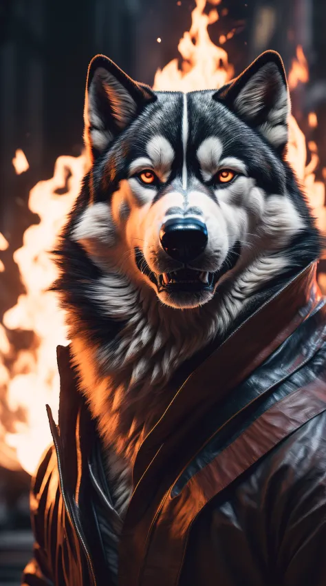 (best quality,16k,32k,Altas,master part:1.2),ultra-detalhado,(Realistic,fotorrealista,photo-realistic:1.37),(Husky Siberiano Orochi definitivo) bright shining golden eyes realistic fire background of totally destroyed United States alone looking at camera serious expression.