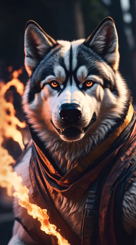 (best quality,16k,32k,Altas,master part:1.2),ultra-detalhado,(Realistic,fotorrealista,photo-realistic:1.37),(Husky Siberiano Orochi definitivo) bright shining golden eyes realistic fire background of totally destroyed United States alone looking at camera serious expression.