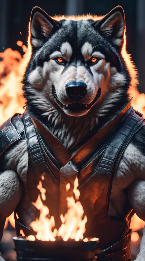 (best quality,16k,32k,Altas,master part:1.2),ultra-detalhado,(Realistic,fotorrealista,photo-realistic:1.37),(Husky Siberiano Orochi definitivo) bright shining golden eyes realistic fire background of totally destroyed United States alone looking at camera ...