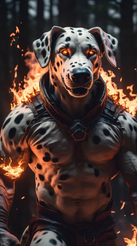 (best quality,16k,32k,Altas,master part:1.2),ultra-detalhado,(Realistic,fotorrealista,photo-realistic:1.37),(final Orochi Dalmatian) bright golden eyes realistic fire background of totally destroyed burning forest alone looking at camera serious expression.