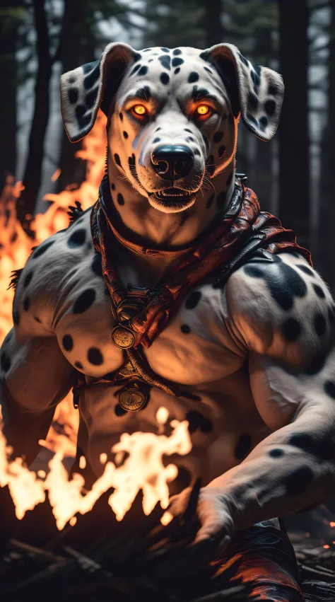 (best quality,16k,32k,Altas,master part:1.2),ultra-detalhado,(Realistic,fotorrealista,photo-realistic:1.37),(final Orochi Dalmatian) bright golden eyes realistic fire background of totally destroyed burning forest alone looking at camera serious expression.