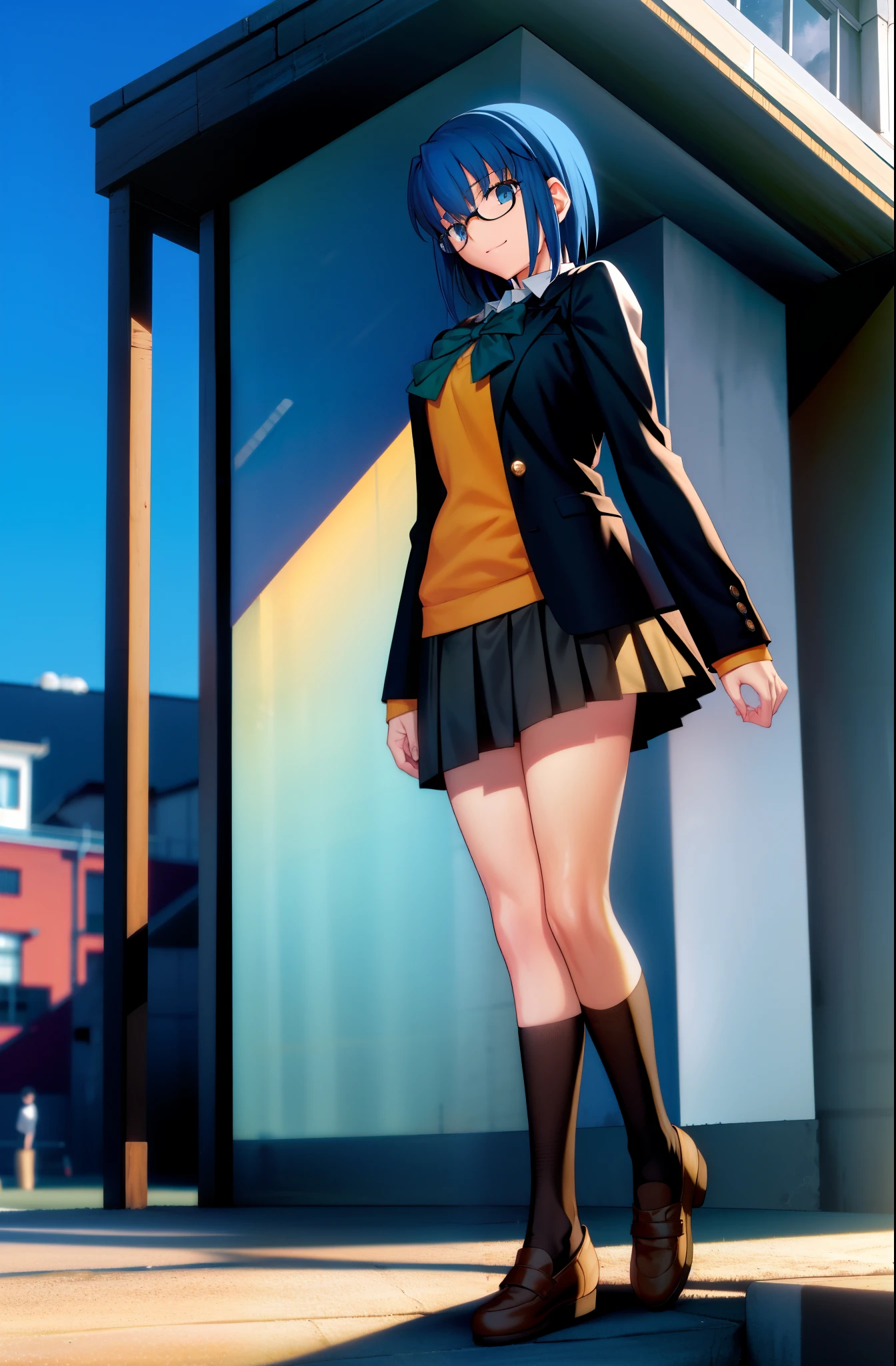 ciel_(tsukihime), 1girl, black jacket, blazer, blue hair, blurry, bow, bowtie, building, cloud, collared shirt, day, depth of field, fence, from side, glasses, green bow, green bowtie, jacket, looking at viewer, school uniform, grey skirt, pleated skirt, shirt, short hair, sky, solo, standing, (full body:1.5), (from below:1.4), thighs, vest, white shirt, yellow vest, outdoors, smile, black-framed eyewear, open clothes, blue sky, closed mouth, long sleeves, tree, open jacket, blue jacket, breasts, arms behind back, yellow cardigan, uniform, pocket