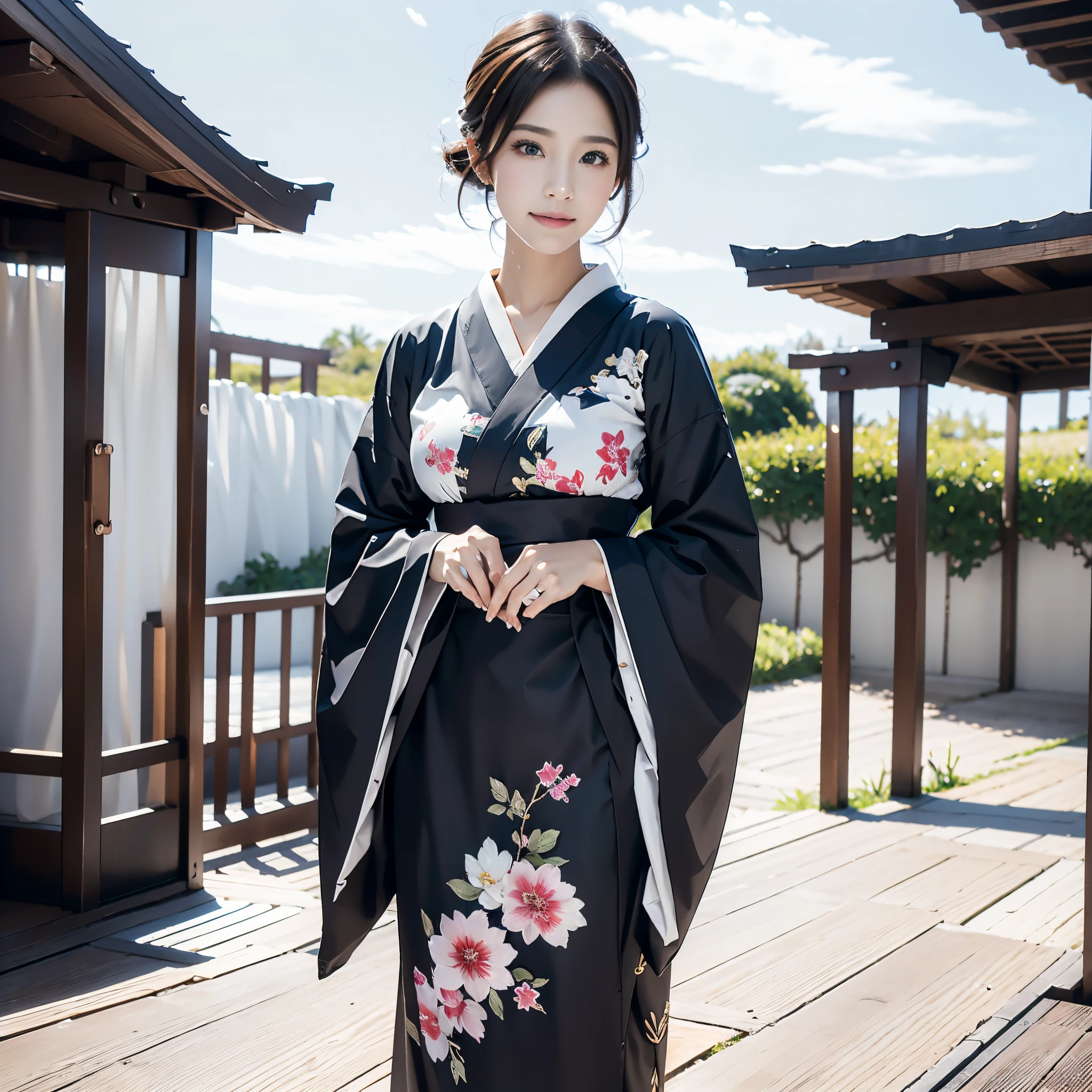 (Super beautiful woman in kimono)、((best qualtiy、8k masterpieces:1.3))、White kimono、foco nítido:1.2、(ultra beautiful faces:1.0)、(shinny skin:1.0)、photos realistic、、from the front side、medium breasts、With a happy smile、Slender Abs Beauty、Whole body、wearing kimonos、