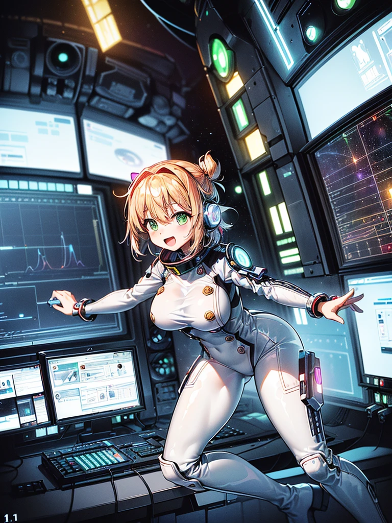 ​masterpiece:1.4, 1girl in ((20yr old, Wearing a tight, futuristic metallic white bodysuit,long boots, huge-breasted, Colorful blonde hair, Chignon,short-hair, Perfect model body, Green eyes:1.4, Wearing headphones, Flirting, Happy,  Looking out the window of the futuristic sci-fi space station、While admiring the beautiful galaxy:1.2, SFSF control room on night background:1.1, Neon and energetic atmosphere:1.2)) ((Galaxy)) ((Solo:1.6))