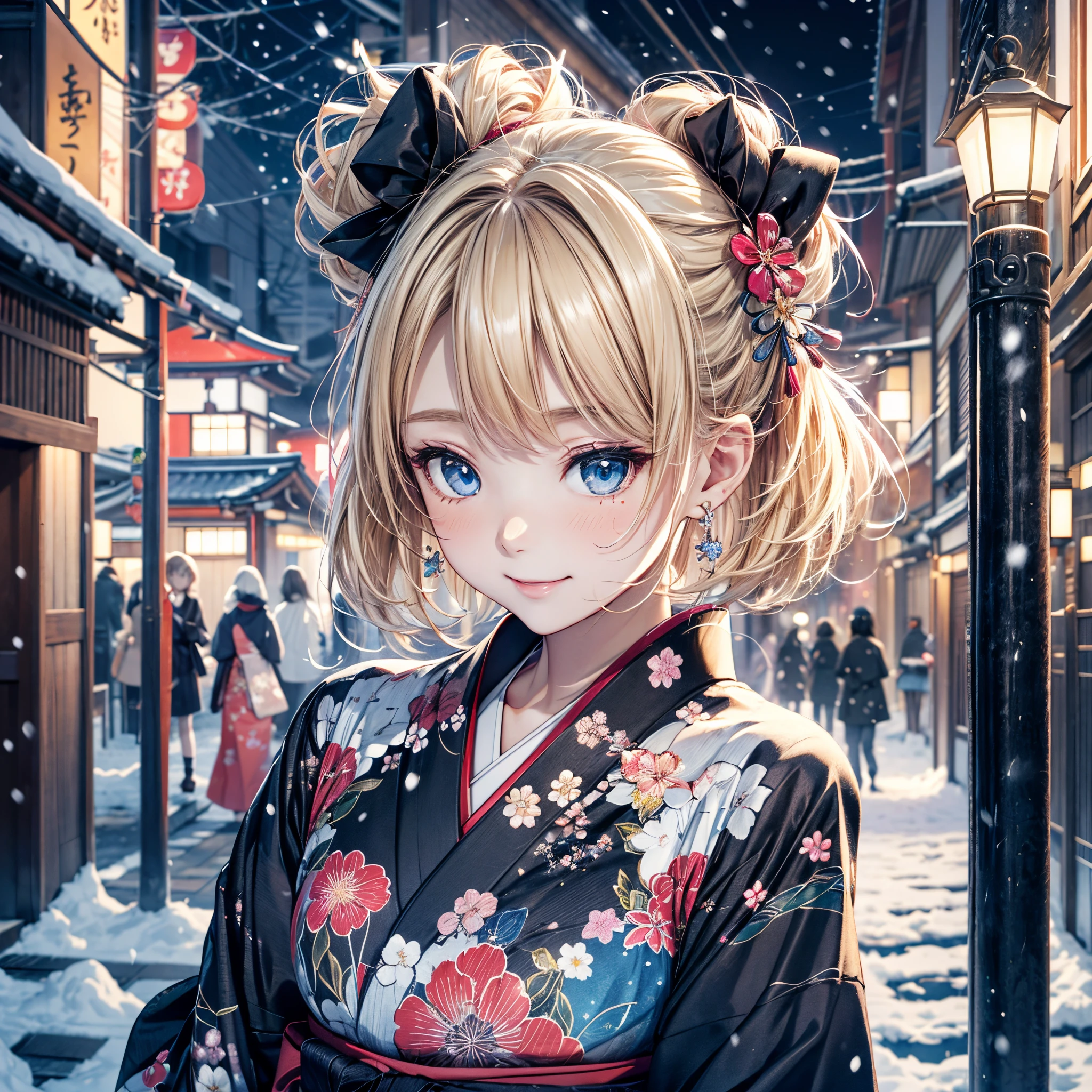 Anime girl in kimono outfit standing in snow covered alley - SeaArt AI