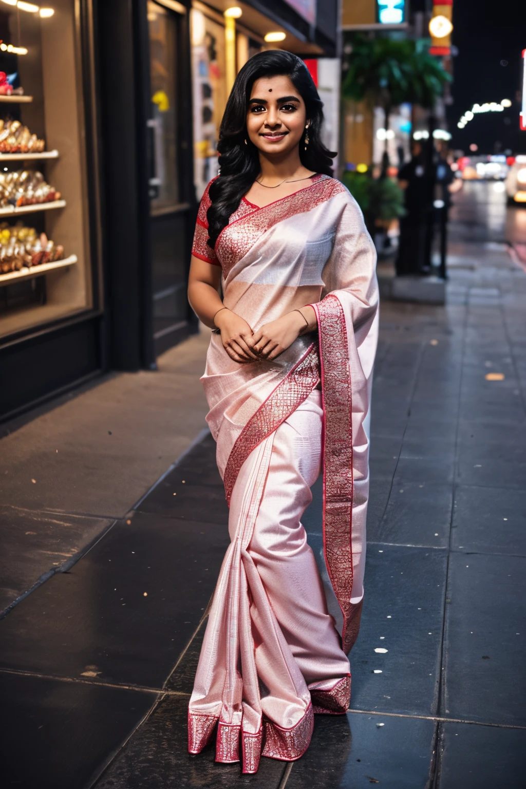 (masterpiece, high quality, HD, 32k, 64k), portrait of 25 year old extremely beautiful Tamil girl, (cute smile:0.6), (look at viewer), (fully clothed:1.6 floral saree, designer blouse, petticoat), (leaning:1.6 against the wall), inside the living room, soft colors, bright lighting, cinematic effects, backlit, shining skin, very long black hair, (arms crossed:1.6), (bangles, thin necklace, ear stud, wrist watch), (extremely beautiful:1.2 face & ears & cheeks & nose & lips & neck & hands & arms & 5 fingers & body parts & skin & curves), (background:1.6 wallpapers, tube lights, ceiling fan, door, windows, sofa, showcase, TV ), (full body shot :1.6 from bottom)