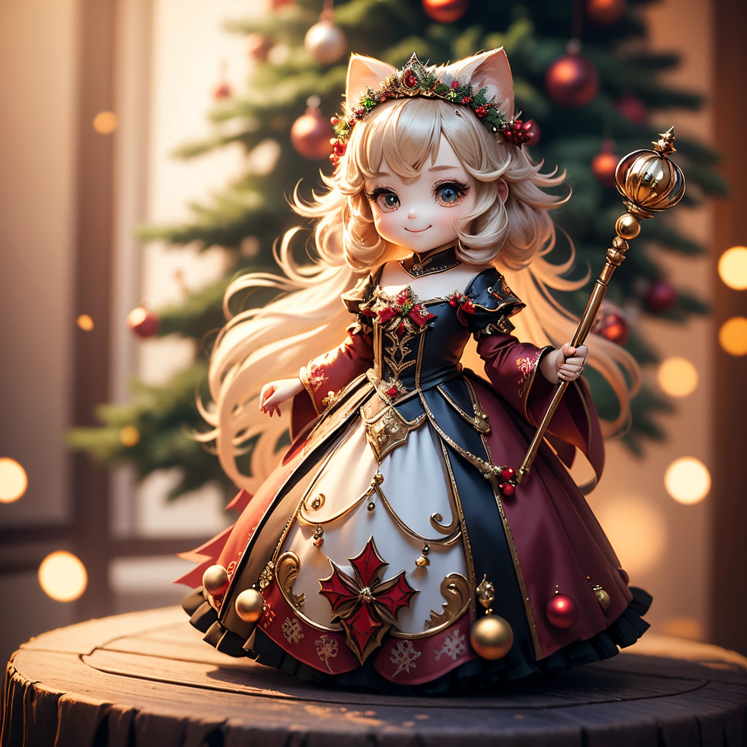 ​obra maestra、de primera calidad、ultra detallado、（Princesa Chibi Chara：1.2）、Vestido de princesa con lujosas decoraciones、Una sonrisa、Figura de pie de cuerpo entero.、(Precioso árbol de Navidad:1.2)、(sosteniendo la varita mágica:1.2)