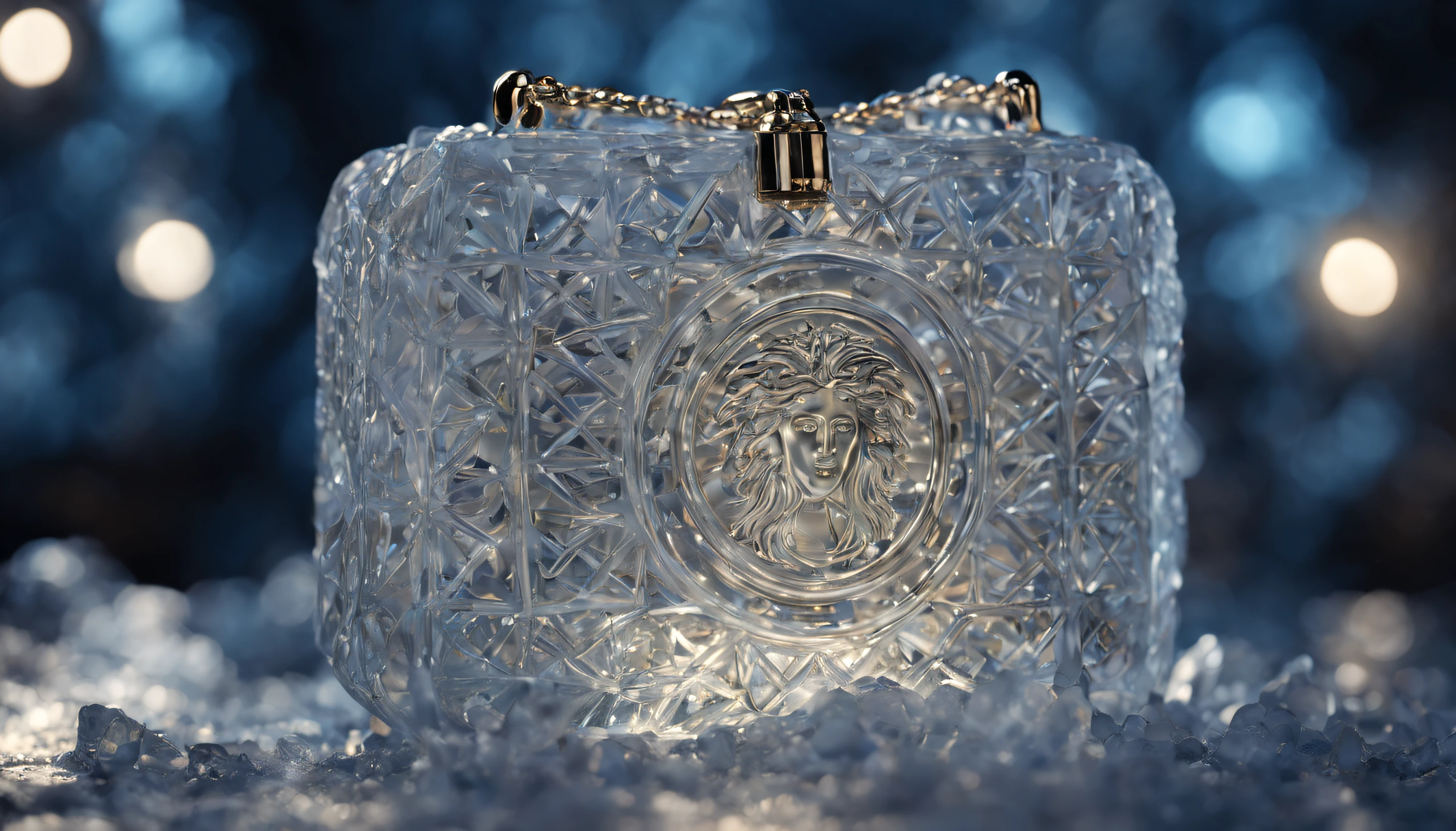 Versace Luggage Set made of ice, night background, atmospheric lighting, 8k UHD, dark vibes, extremely detailed, vibrant colours, epic composition, octane render, sharp focus, high resolution isometric, photorealistic art,