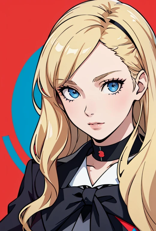 Masterpiece , best quality , solo , 1FEMALE , medium blonde hair with bangs , blue eyes , scar over right eye , pale skin , soft smile , persona 5 girls school uniform , choker around neck ,  background , black headband on head