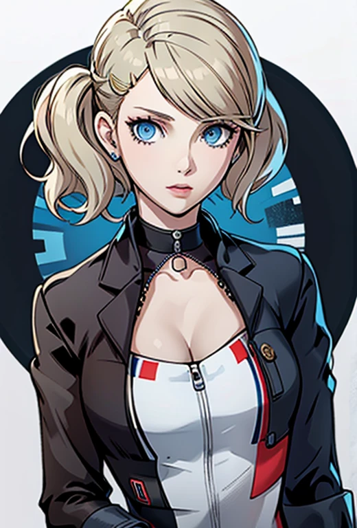 Masterpiece , best quality , solo , 1FEMALE , short blonde hair with bangs , blue eyes , scar over right eye , pale skin , soft smile , persona 5 girls school uniform , choker around neck ,  background , black headband on head