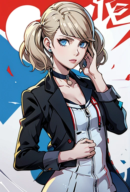 chef-d&#39;œuvre , Meilleure qualité , seulement , 1femelle , cheveux blonds courts avec une frange , yeux bleus , cicatrice sur l’œil droit , peau pâle , doux sourire , uniforme scolaire pour filles de Persona 5 , tour de cou autour du cou ,  arrière-plan , bandeau noir sur la tête