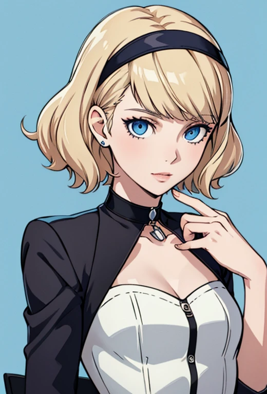 Masterpiece , best quality , solo , 1FEMALE , short blonde hair with bangs , blue eyes , scar over right eye , pale skin , soft smile , persona 5 girls school uniform , choker around neck ,  background , black headband on head