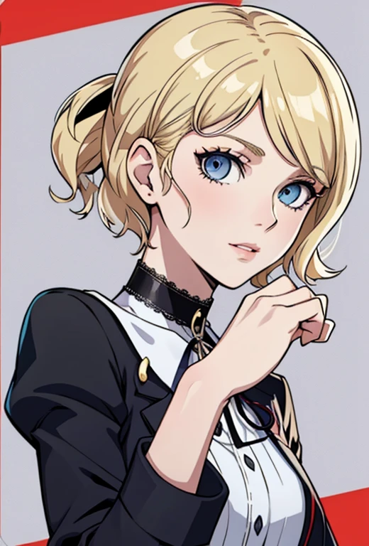 chef-d&#39;œuvre , Meilleure qualité , seulement , 1femelle , cheveux blonds courts avec une frange , yeux bleus , cicatrice sur l’œil droit , peau pâle , doux sourire , uniforme scolaire de persona 5 , tour de cou autour du cou ,  arrière-plan , bandeau noir sur la tête