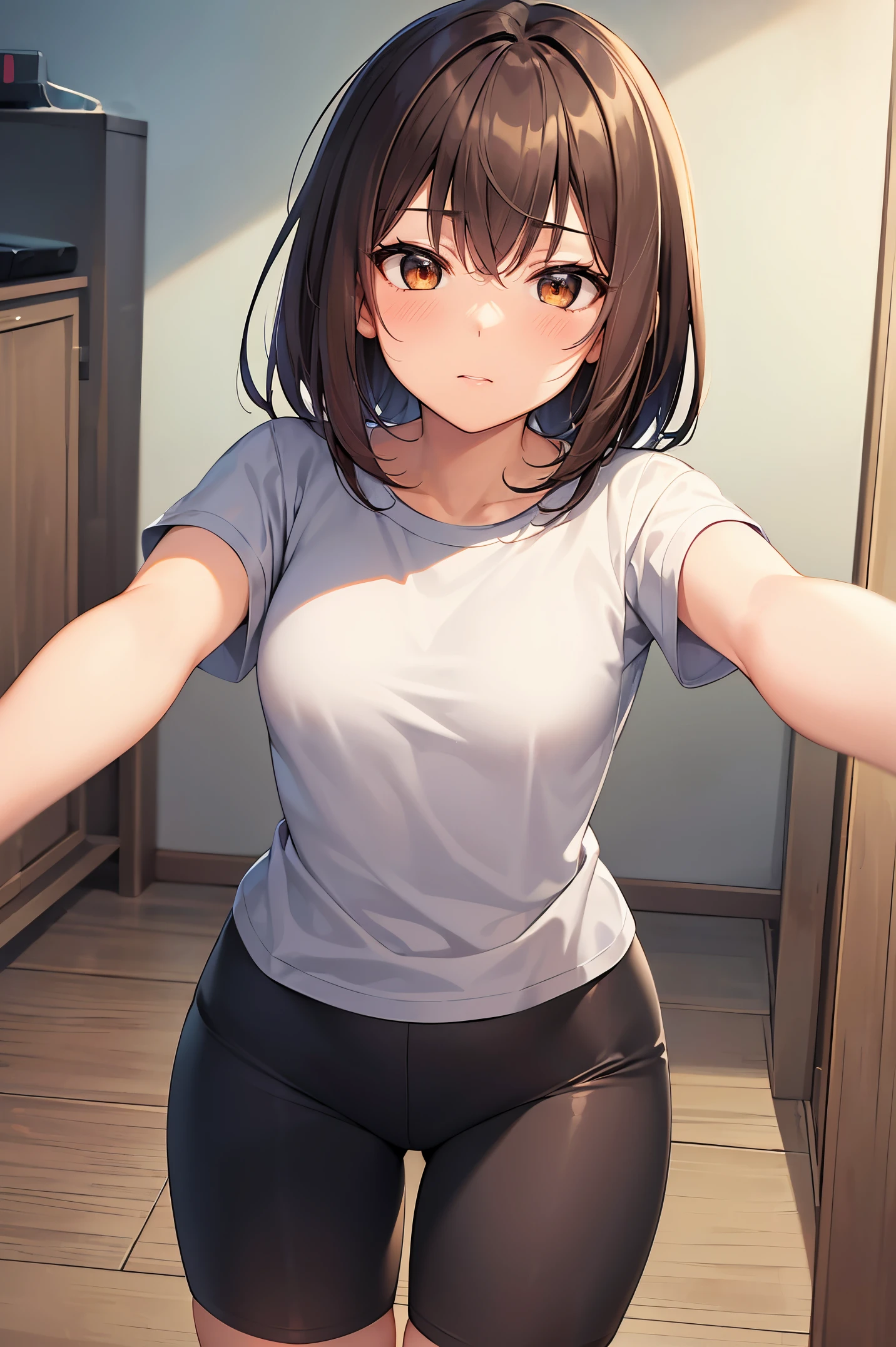 Anime girl in short shorts and a t - shirt standing in a kitchen - SeaArt AI