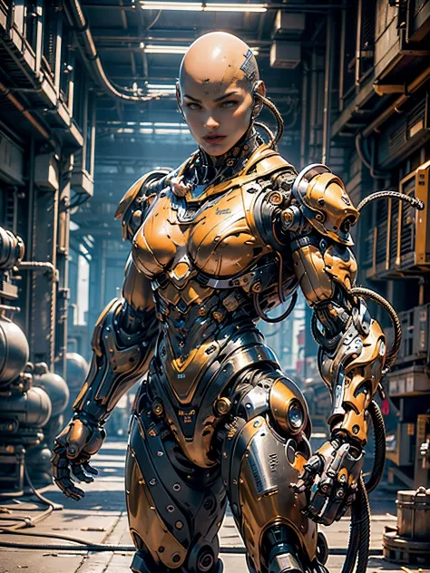 (beautiful muscular female cyborg:1.25), (megan-fox:1.5), (full body pose), (metallic muscular armor:1.5), (no hair), (bald head...
