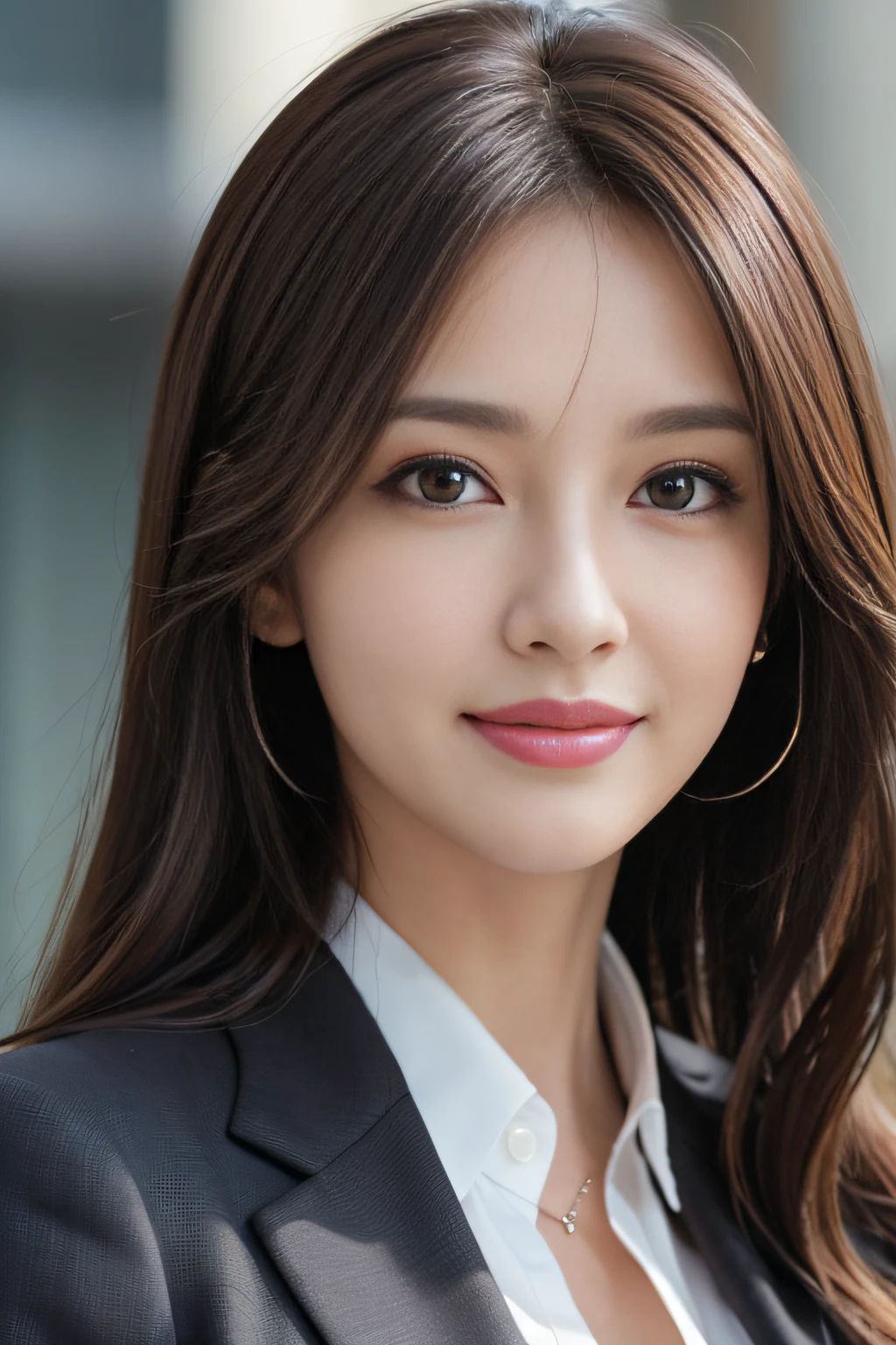 masutepiece, Best Quality, Photorealistic, Ultra-detailed, finely detail, High resolution, 8K Wallpaper, 1 beautiful woman,, light brown messy hair, in a business suit, foco nítido, Perfect dynamic composition, Beautiful detailed eyes, detailed hairs, Detailed realistic skin texture, Smiling, Close-up portrait, Model body type