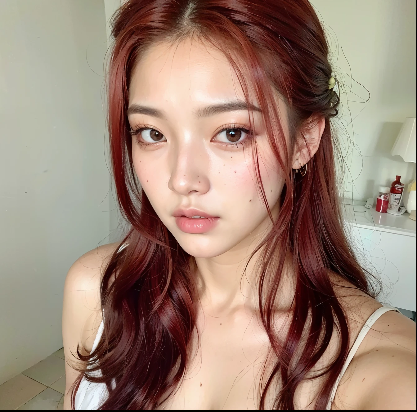 A close up of a woman with red hair and a white tank top - SeaArt AI