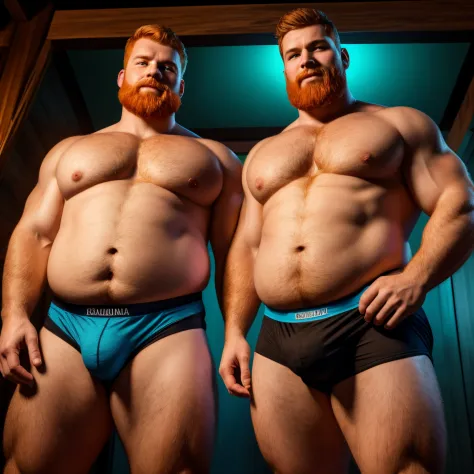 "Two plump men with big guts, sporting ginger short hair and beards, They are wearing only underwear. The image is of the highest quality, with ultra-detailed realism and vivid colors. The lighting highlights every curve and texture, creating a visually st...