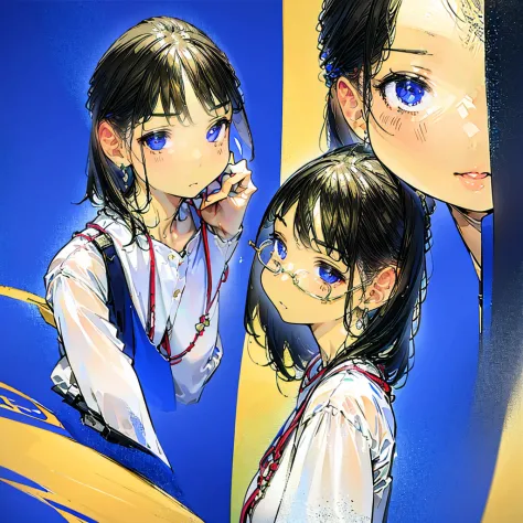 A girl gazing at her reflection in a mirror, multiple girls appearing through optical illusions, vibrant colors, detailed facial...