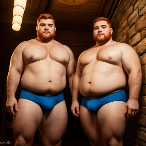"Two chubby men with big fat guts, Chubby men with round faces, short ginger hair, twins, They are wearing only underwear. The image is of the highest quality, with ultra-detailed realism and vivid colors. The lighting highlights every curve and texture, c...