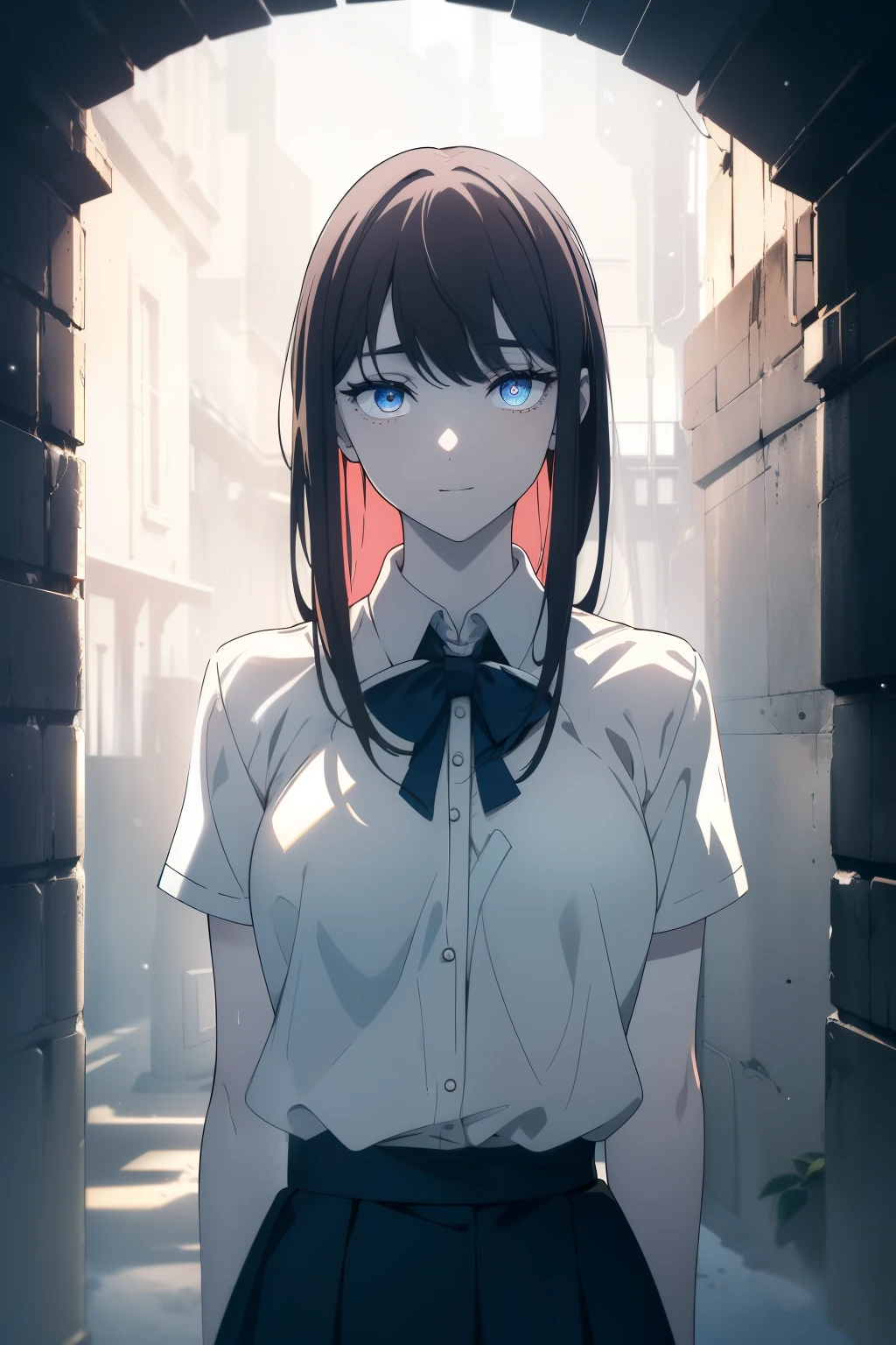 (Obra maestra, La mejor calidad, ultrahigh resolution), 1girl, standing, school uniform, white office shirt, black pleated skirt, ((light brown, light brown hair:0.7), long hair cut, pale skin, ((blue eyes)), glowing_eyes, neon eyes, (ultra detailed eyes, beautiful and detailed face, detailed eyes), ((centered)), smile, ((wide shot)), facing viewer, eye level, (blurry background, bright snowy background, winter), flat chested, looking at viewer, ((half closed eyes)), ((perfect hands)), (((head, arms, hips, elbows, in view))), ((hands behind back)), empty eyes, beautiful lighting, outside, outdoors, background, defined subject, 25 years old,