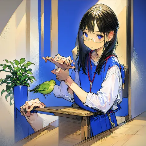 1 girl,Computer， Solo, stairways, Long hair, Brown hair, plant, shirt, Bird, catss