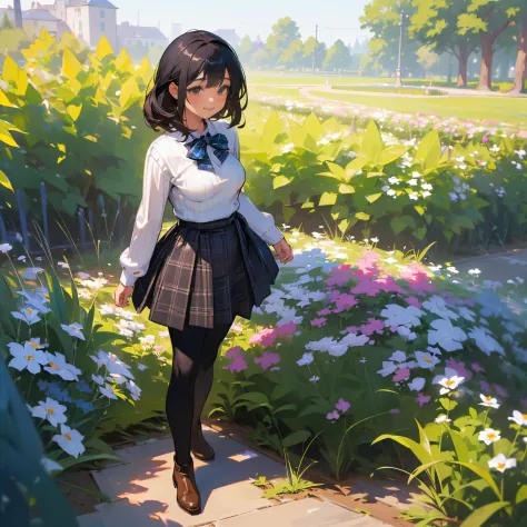 (High quality, High resolution, Ultra-detailed, Realistic:1.37), peaceful ambiance, (plein air, garden), Teenage girl standing alone, (My breasts are big.), Beautiful detailed features, Cute smile, (Black bob hair), Ribbed sweater, blue plaid skirt, Black ...