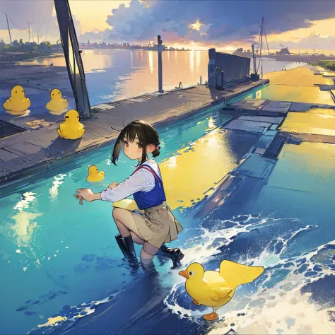 anime girl in rubber boots with rubber duck in water, character covered in liquid, rubber ducky, rubber duck, junji ito 4 k, snk...