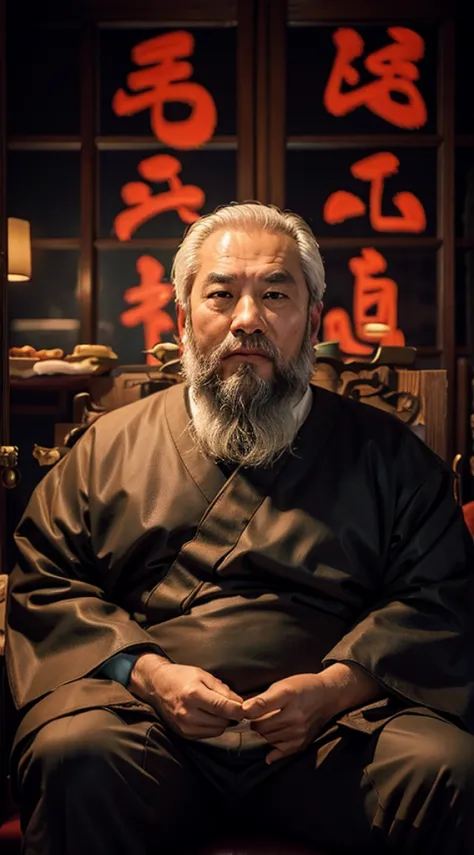 Fed man sitting on chair，with a white beard, Taoist, pan ren wei, Taoist, inspired by Wu Daozi, feng shu, Riichi Ueshiba, Inspir...
