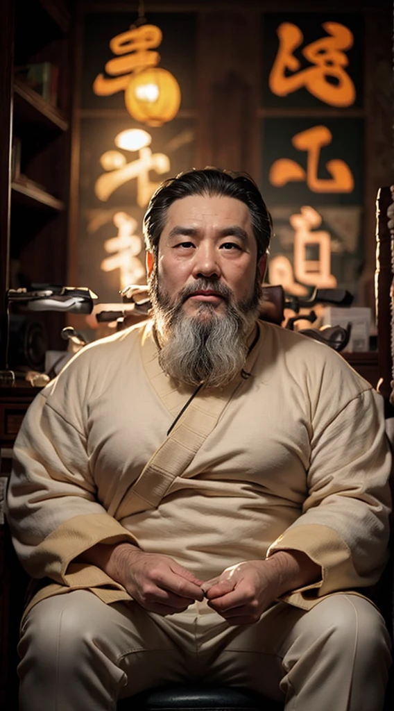 Homem Fed sentado na cadeira，com barba branca, taoísta, pan ren wei, taoísta, Inspirado por Wu Daozi, feng shu, riichi ueshiba, inspirado em Hu Zaobin, taoísta, Chiba Yudai, Zhang Daqian, Agulha de Prata Chu, luji