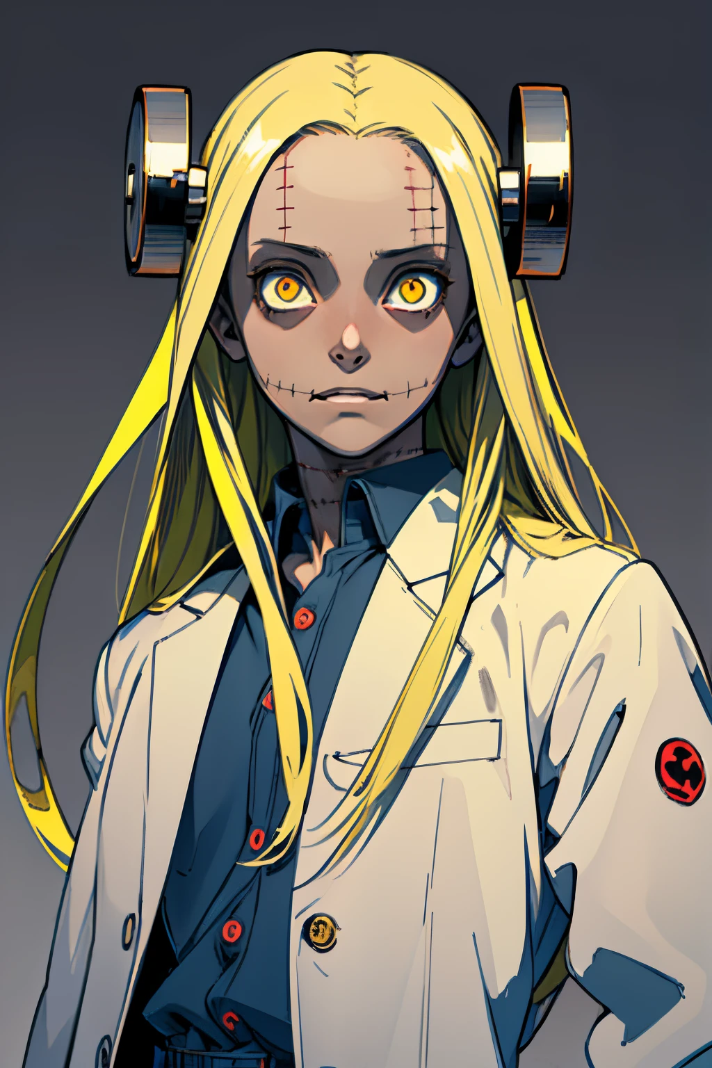 Madaraki_Fran , A  girl, , stands , at the surgeon&#39;s&#39;S&#39;S&#39;uniform ,  Background , clear face , Clean hands , hairlong , yellow hair,seams , Scars on the body , A creepy look , scary eyes , An intimidating look, crazy eyes , yandere