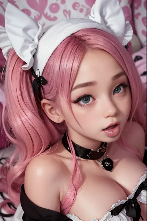 Face close-up Pink black haired woman in a white and black outfit laying on a bed, belle delphine, ahegao, anime vibes, ahegao f...