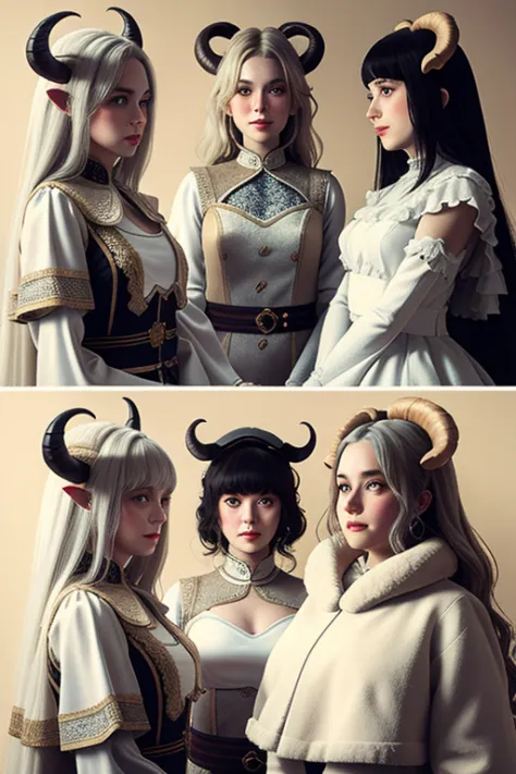 Four semi-human Pegoraro girls together, white sheep hair, sheep horns, pretty, wearing princess clothes, Dutch angle, detailed ...