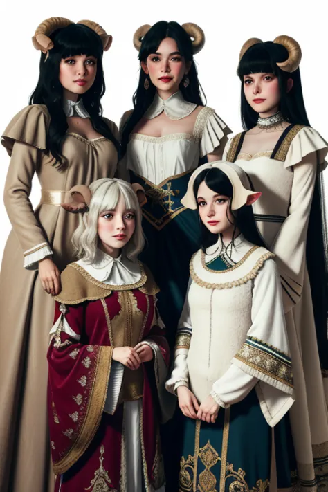 Four semi-human Pegoraro girls together, white sheep hair, sheep horns, pretty, wearing princess clothes, Dutch angle, detailed ...