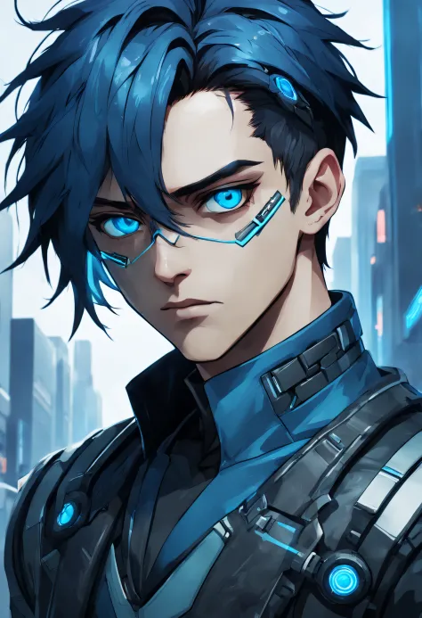close de um homem, anime cyberpunk, cabelo azul, olho com raios azuis