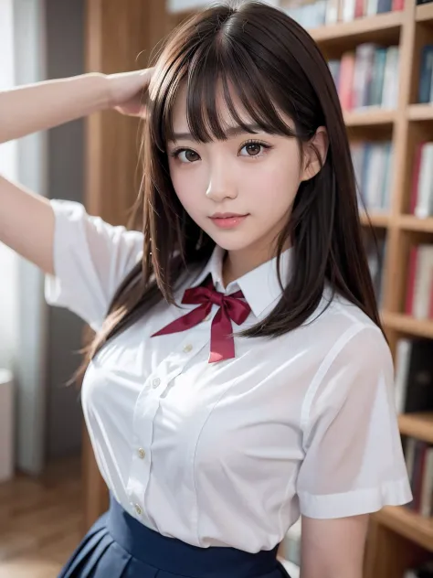 masutepiece, 1girl in 1photo, upperbody shot, Front view, a Japanese young pretty girl, 18 years old, Studying in the high school library with a historical record book on the desk, A big smile, Glamorous figure, wearing a shiny satin white shirt with short...