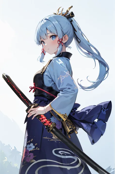 Looking back、Light Blue Ponytail、Kimono、Hakama、tits out、Japan holding a sword、holding a Japanese sword、Serious、