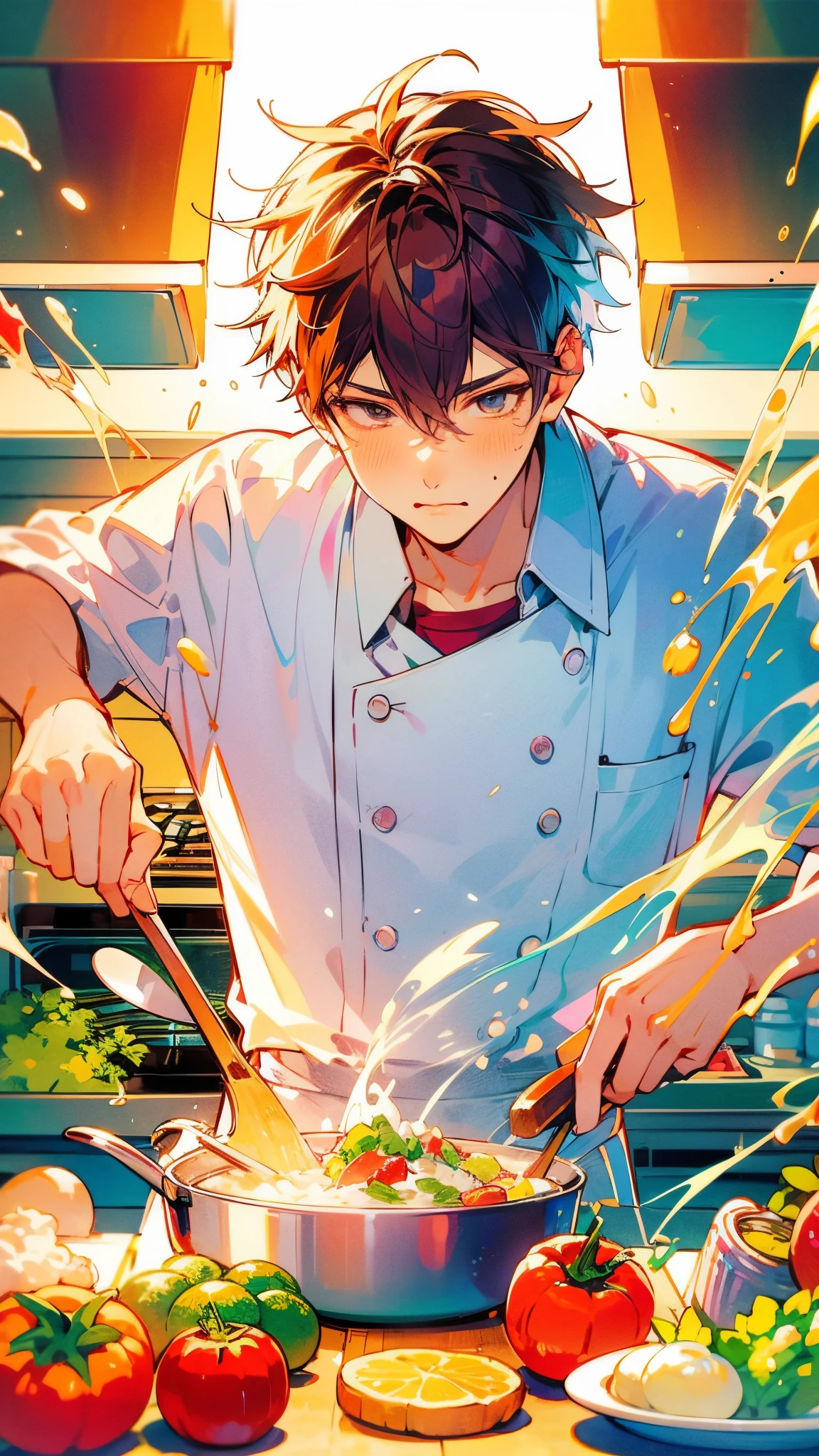 Uma ilustração vertical vibrante e colorida no estilo Pixiv de alta qualidade, com Ryou, um aspirante a chef de 18 anos, em um concurso de culinária. A cena é animada e cheia de cores brilhantes, mostrando o foco intenso de Ryou enquanto prepara um prato em uma cozinha moderna. O estilo anime japonês é enfatizado com linhas artísticas vívidas, ricos efeitos de aquarela transparentes, e sombreamento distinto, destacando a paixão e determinação de Ryou em sua jornada culinária