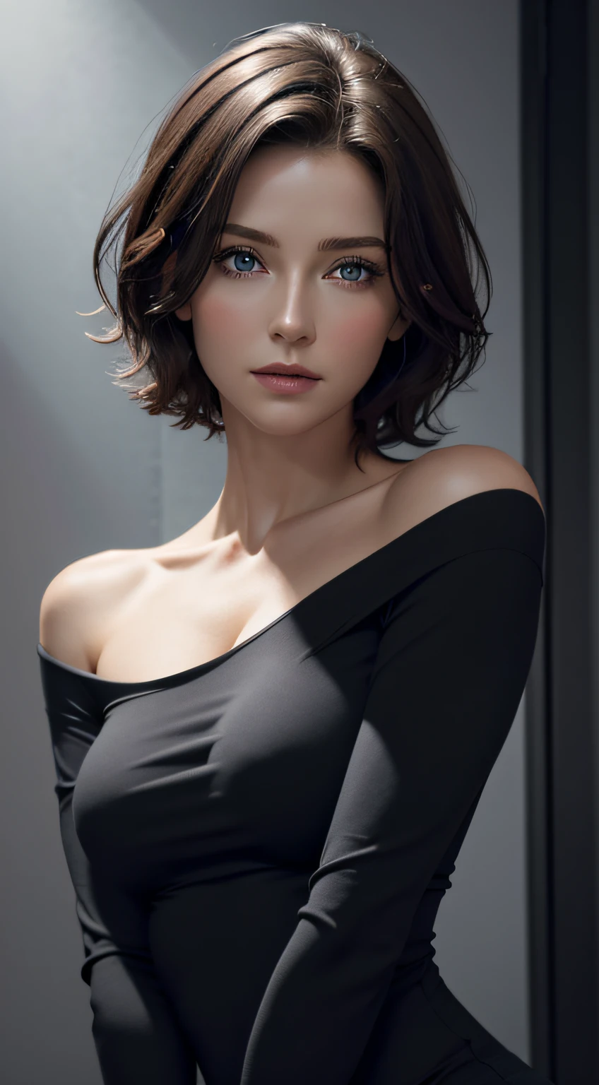 Skin Tight Black Top:1.2, Looking at Viewer, Cinematic lighting, Perfect, softlight, High resolution skin:1.2, Realistic skin texture, 30 years old mature woman、a small face、no-makeup、, off shoulders,Bust B Cup、 Exposed cleavage,Blue eyes, Short hair, dark brown  hair、fullnude、Gray background