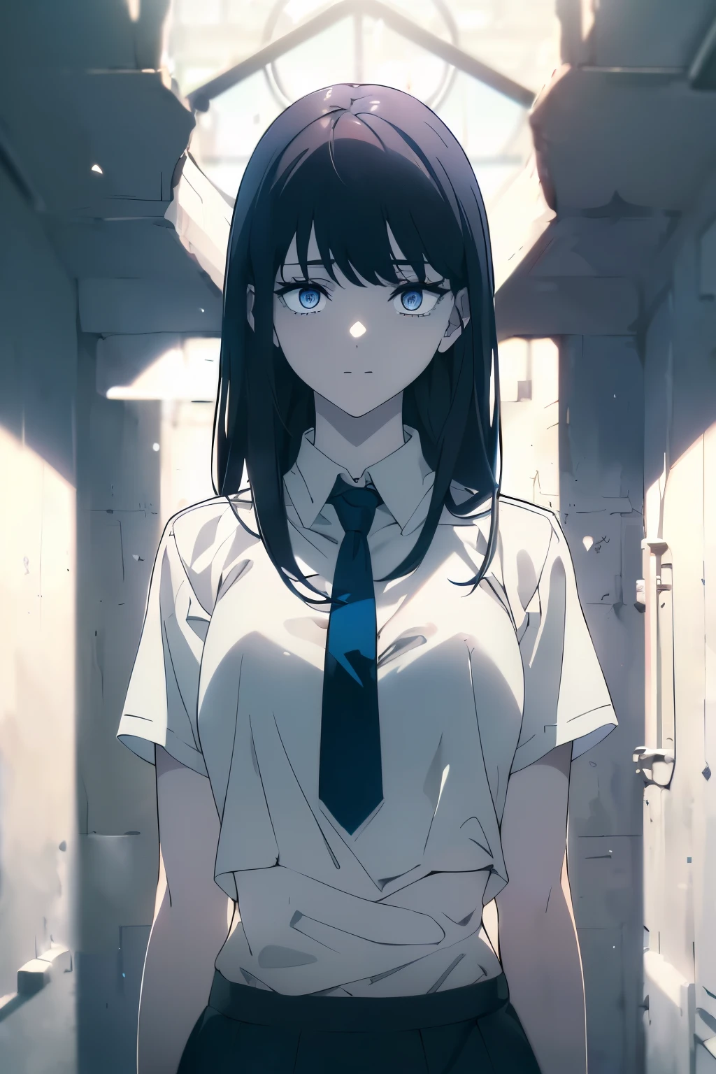 (Obra maestra, La mejor calidad, ultrahigh resolution), 1girl, standing, school uniform, white office shirt, black pleated skirt, ((light brown, light brown hair:0.7), long hair cut, pale skin, ((blue eyes)), glowing_eyes, neon eyes, (ultra detailed eyes, beautiful and detailed face, detailed eyes), ((centered)), smile, ((wide shot)), facing viewer, eye level, (blurry background, bright snowy background, winter), flat chested, looking at viewer, ((half closed eyes)), ((perfect hands)), (((head, arms, hips:0.7, elbows, in view))), ((hands behind back)), empty eyes, beautiful lighting, outside, outdoors, background, defined subject, 25 years old,