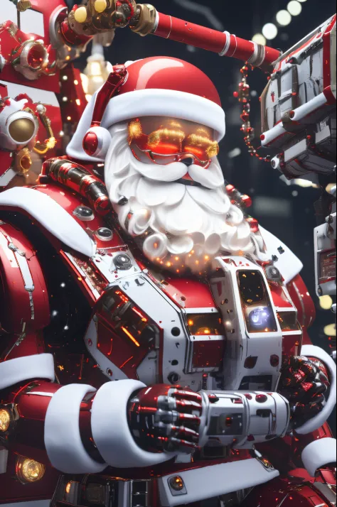 Robot Santa, Futuristic mechanical design，Combining elements of traditional Santa Claus with advanced technology. The robot may have a sleek metal body, Illuminated LED light, and a robotic arm that can efficiently distribute gifts.. It could have a digital display on its face，Imitate Santa&#39;s expression of joy and kindness. The scene can be set in a high-tech workshop full of automated machinery and conveyor belts, Robot Santa is busy preparing and sorting gifts for delivery. This futuristic twist on the traditional Santa Claus blends the magic of Christmas with the innovations of modern technology.