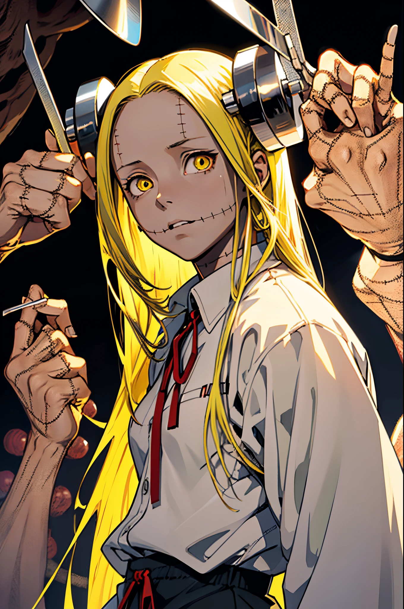 Madaraki_Fran,A  girl , stands , at the surgeon&#39;s&#39;S&#39;uniform ,  Background , clear face , Clean hands , hairlong , yellow hair,seams , Scars on the body , A creepy look , scary eyes , An intimidating look