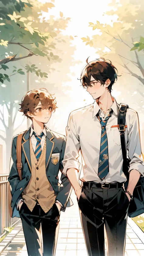 A vertical illustration in high-quality Pixiv style, depicting two handsome young men, one with brown hair and the other with bl...