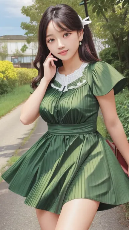 (best quality, masutepiece:1.2), femele, portrait, outdoors,green frilled dress